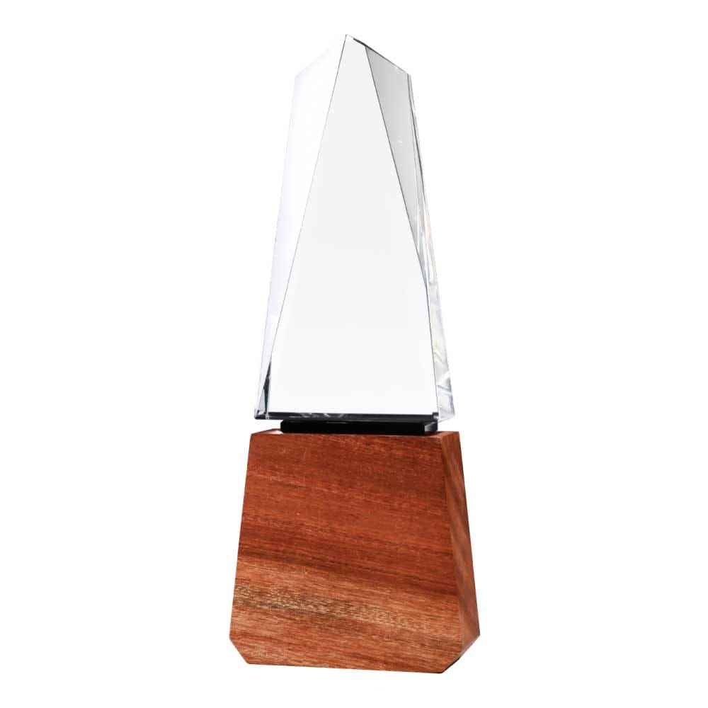 Tower-Shape-Crystal-Awards-with-Wooden-Base-CR-58-Main.jpg Tower Shaped Crystal Awards with Wooden Base - Image 1